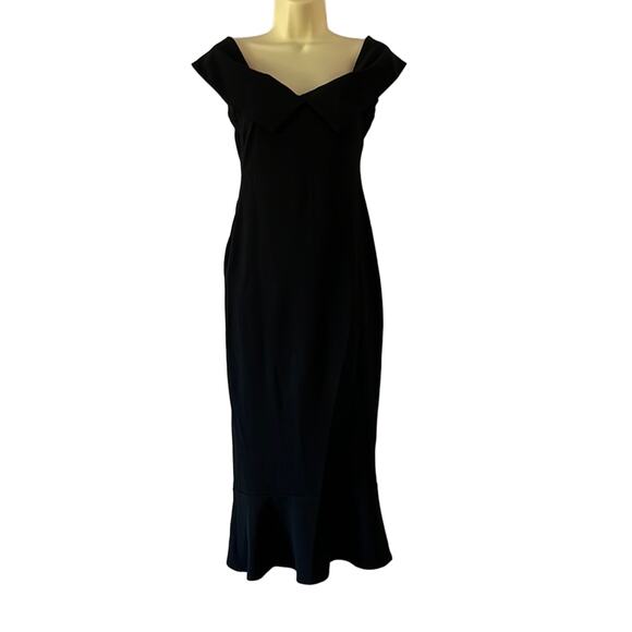 Black Bodycon Stretch Knit Dress Bottom Ruffle Woman Size Medium Off Shoulder - Picture 1 of 10